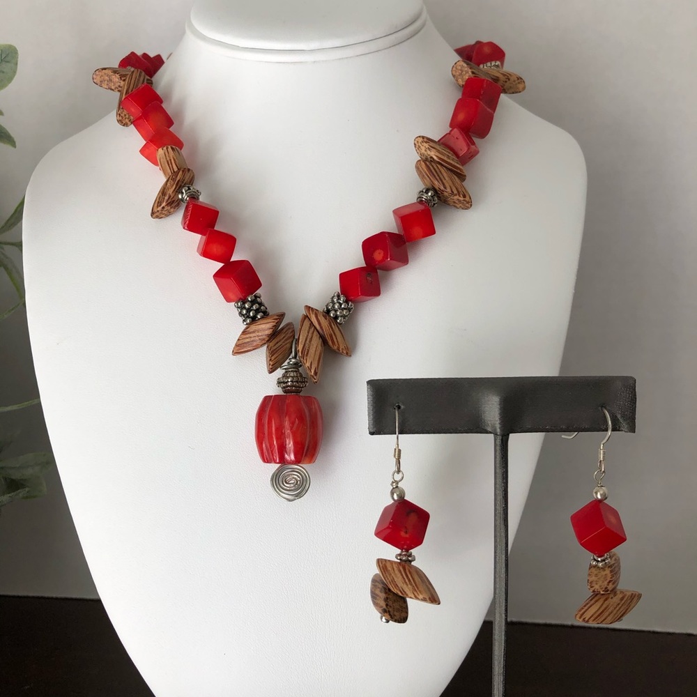 HANDMADE Necklace/Earrings Red Coral Gemstone/Wood